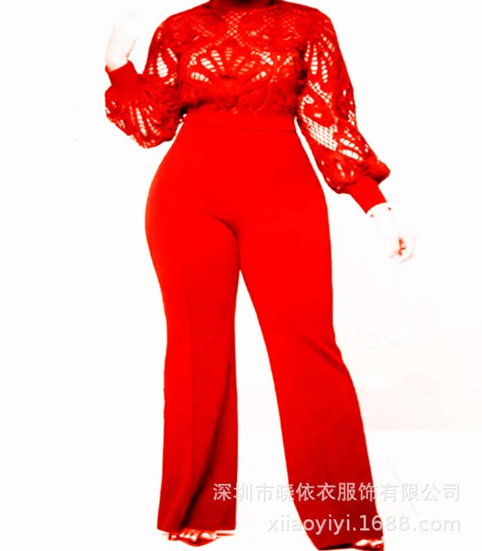 Plus Size Autumn Fashion Solid Color Jumpsuit Women's Sexy Lace Long Sleeve High Waist Wide Leg Pants Elegant Jumpsuit