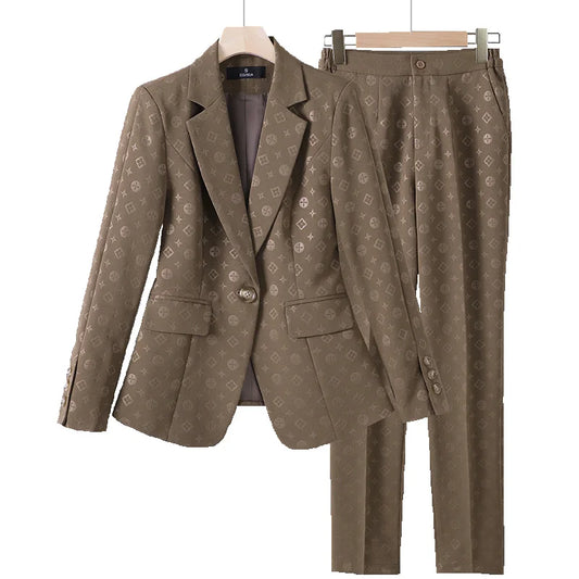 2023 New Female Elegant Women's Brown Character Pants Suit Blazer + Trouser Business Jacket Office Lady 2 Pieces Set S-4XL
