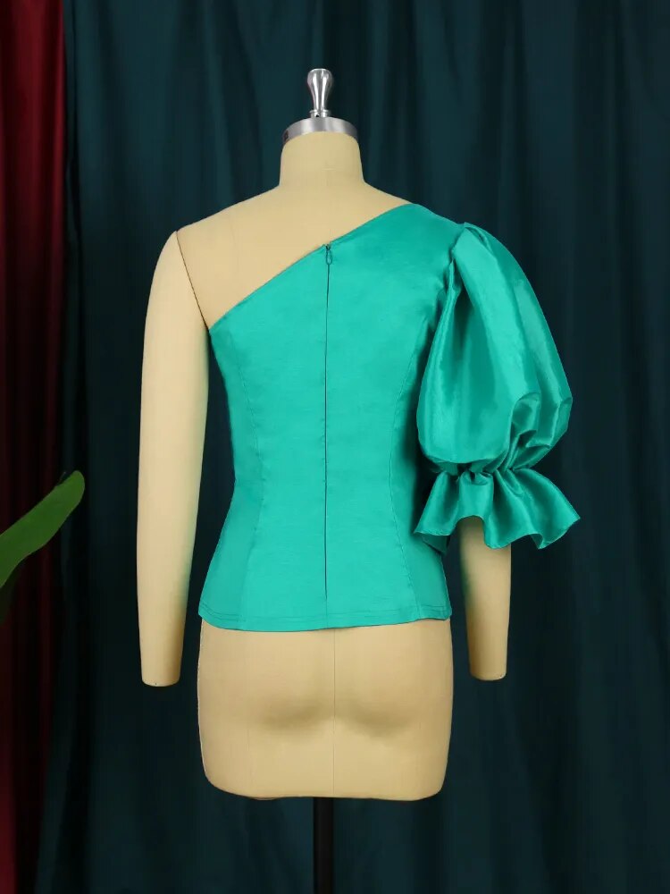 Women Blouse One Shoulder Puff Sleeves Sexy Elegant Tops Green Large Size Shirt 2023 Fashion Party Female African Spring Summer