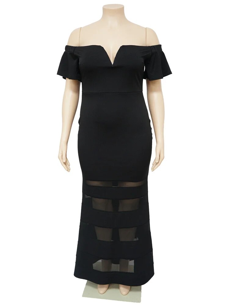 Wmstar Plus Size Dresses for Women Party Mesh Solid Patchwork Short Sleeve Off Shoulder New In Maxi Dress Wholesale Dropshipping