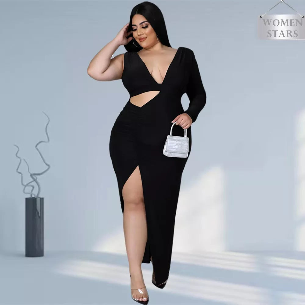Sexy Plus Size Dresses for Women Hollow Out Solid  V Neck Elegant Party Bodycon Maxi Dress Club Outfits Wholesale Dropshipping