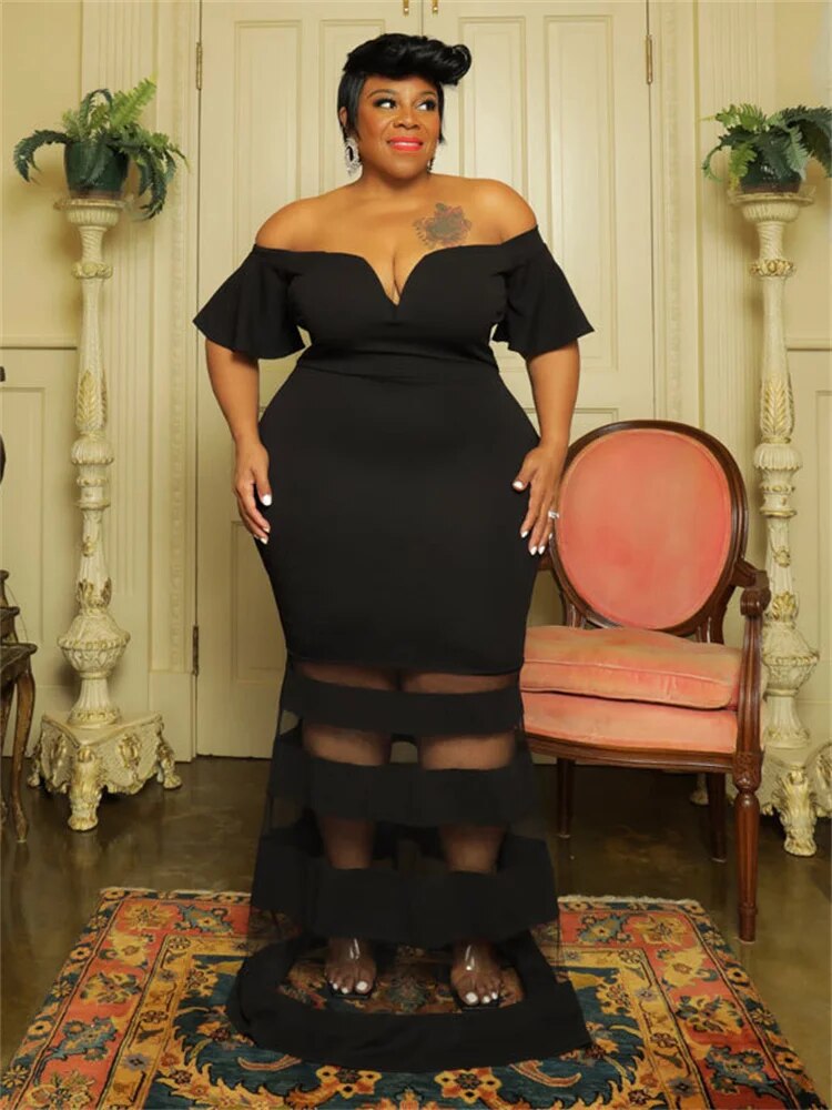 Wmstar Plus Size Dresses for Women Party Mesh Solid Patchwork Short Sleeve Off Shoulder New In Maxi Dress Wholesale Dropshipping