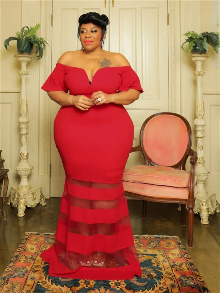 Wmstar Plus Size Dresses for Women Party Mesh Solid Patchwork Short Sleeve Off Shoulder New In Maxi Dress Wholesale Dropshipping