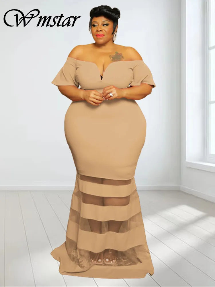Wmstar Plus Size Dresses for Women Party Mesh Solid Patchwork Short Sleeve Off Shoulder New In Maxi Dress Wholesale Dropshipping
