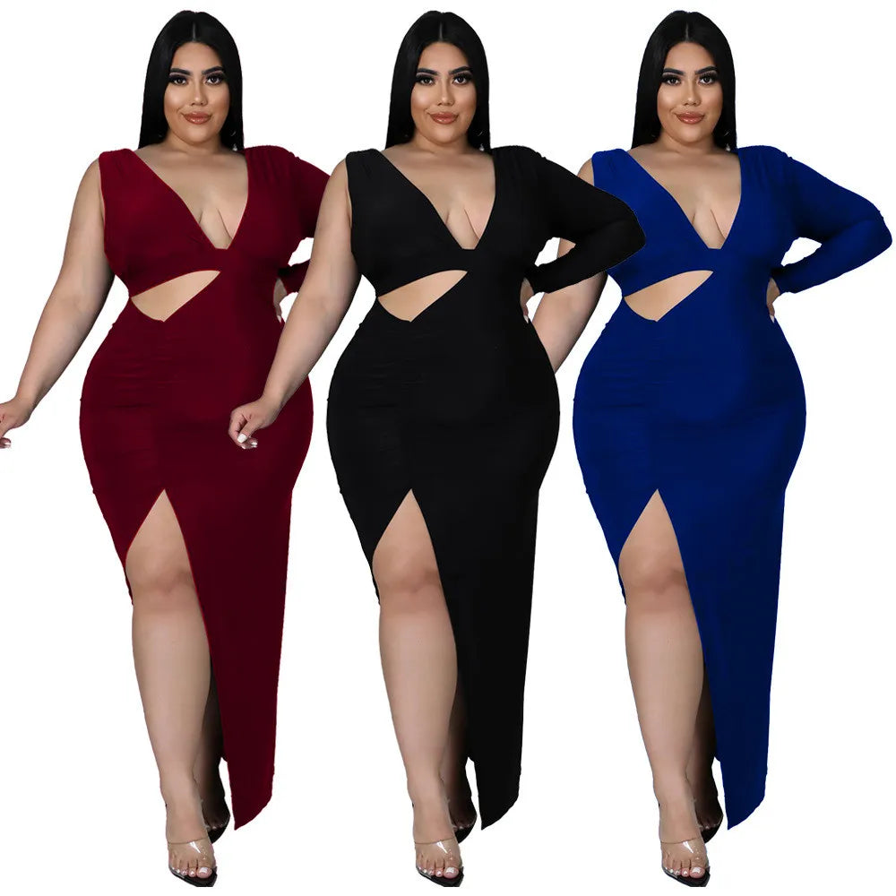 Sexy Plus Size Dresses for Women Hollow Out Solid  V Neck Elegant Party Bodycon Maxi Dress Club Outfits Wholesale Dropshipping