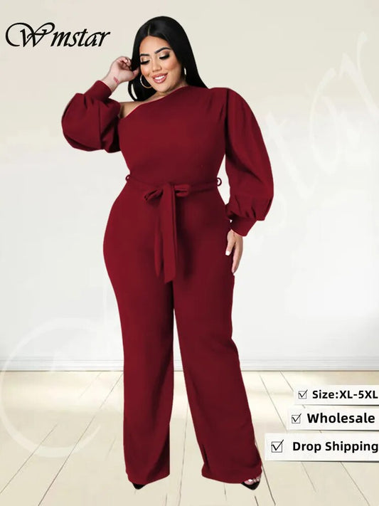 Wmstar Plus Size Women Clothes Jumpsuit Fall Solid Left Off Shoulder with Sashes Offiice Ladies Romper Wholesale Dropshipping