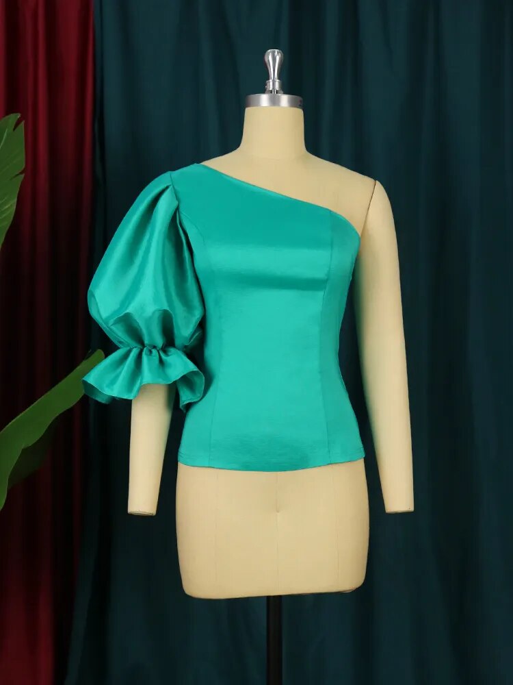 Women Blouse One Shoulder Puff Sleeves Sexy Elegant Tops Green Large Size Shirt 2023 Fashion Party Female African Spring Summer