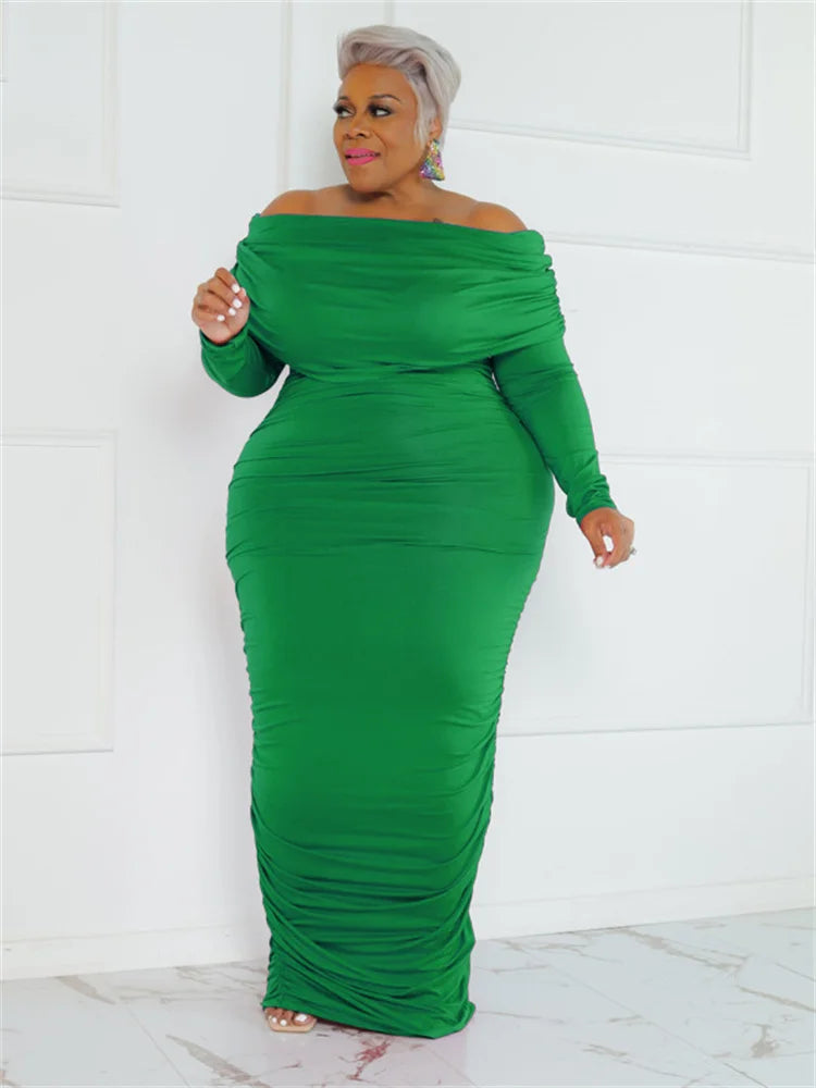 Wmstar Plus Size Dresses Women Solid Off Shoulder Long Sleeve Draped Bodycon Stretch Elegant Maxi Dress Wholesale Dropshipping