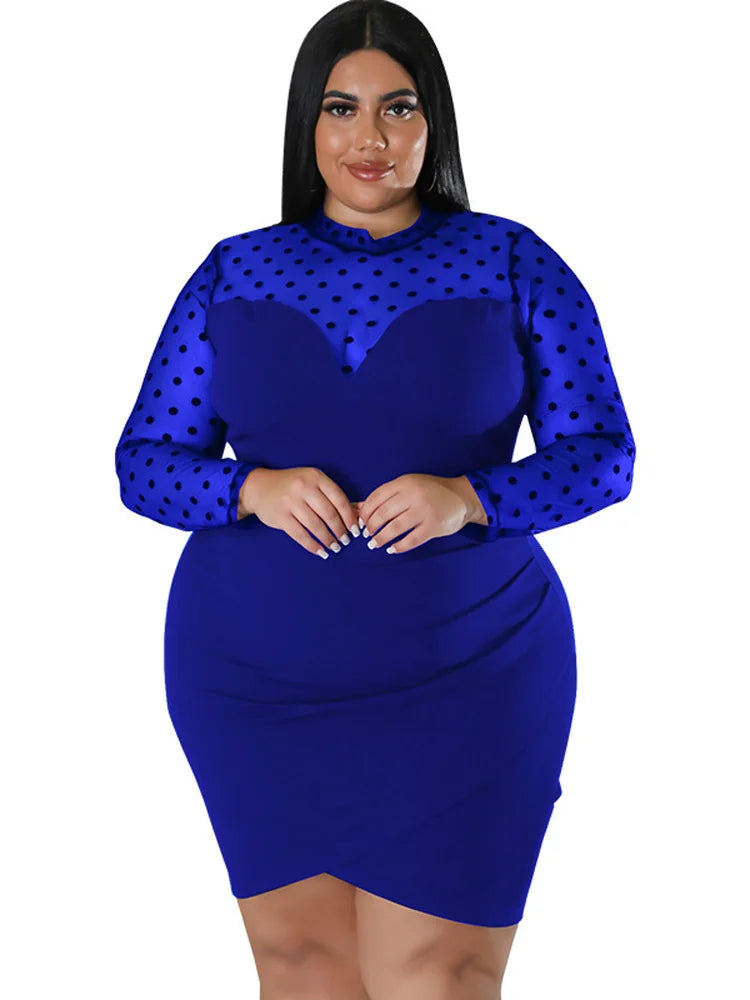 Plus Size Dress Women Full Sleeve O Neck Ropa Mujer Fashion Dot Mesh See Through Splice Sexy Short Dresses Vestidos 2xl 3xl 4xl
