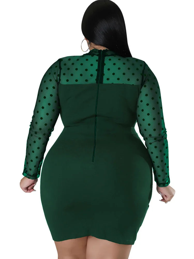 Plus Size Dress Women Full Sleeve O Neck Ropa Mujer Fashion Dot Mesh See Through Splice Sexy Short Dresses Vestidos 2xl 3xl 4xl