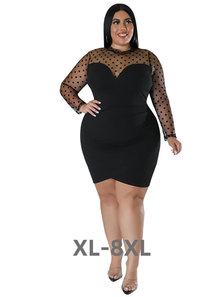 Plus Size Dress Women Full Sleeve O Neck Ropa Mujer Fashion Dot Mesh See Through Splice Sexy Short Dresses Vestidos 2xl 3xl 4xl