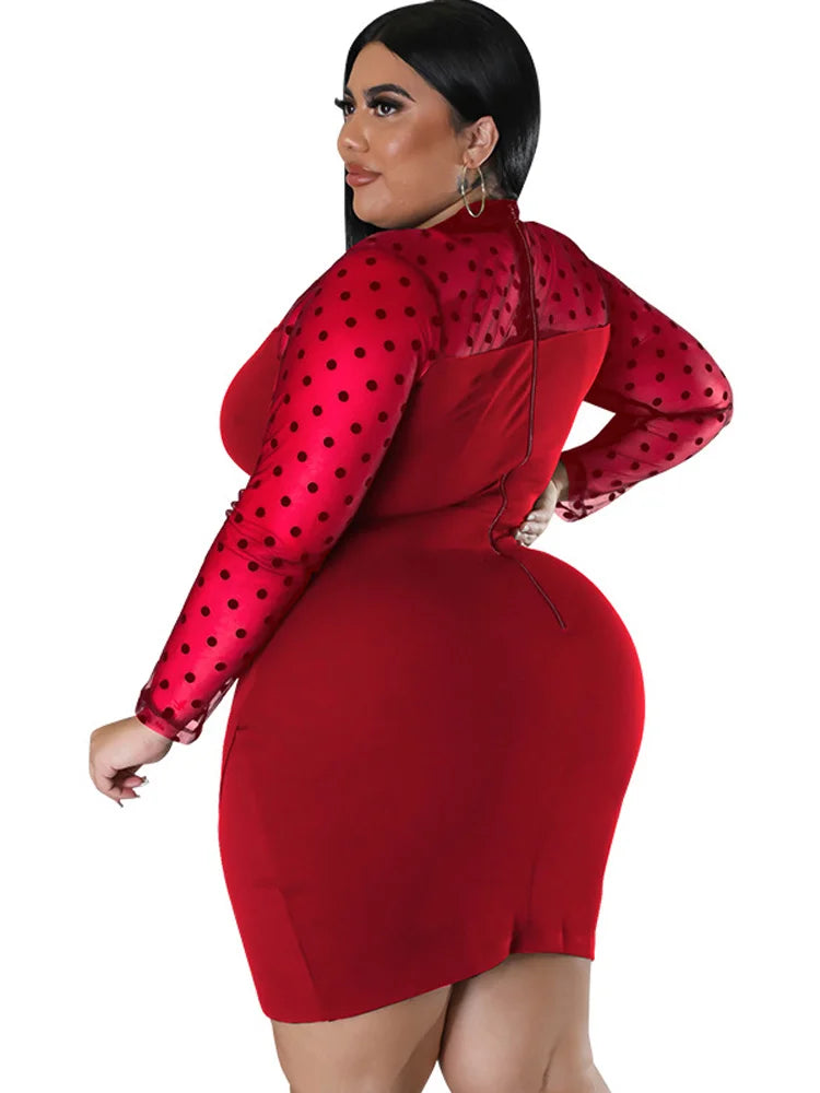 Plus Size Dress Women Full Sleeve O Neck Ropa Mujer Fashion Dot Mesh See Through Splice Sexy Short Dresses Vestidos 2xl 3xl 4xl