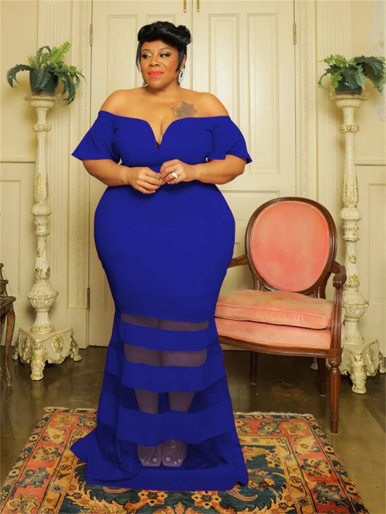 Wmstar Plus Size Dresses for Women Party Mesh Solid Patchwork Short Sleeve Off Shoulder New In Maxi Dress Wholesale Dropshipping