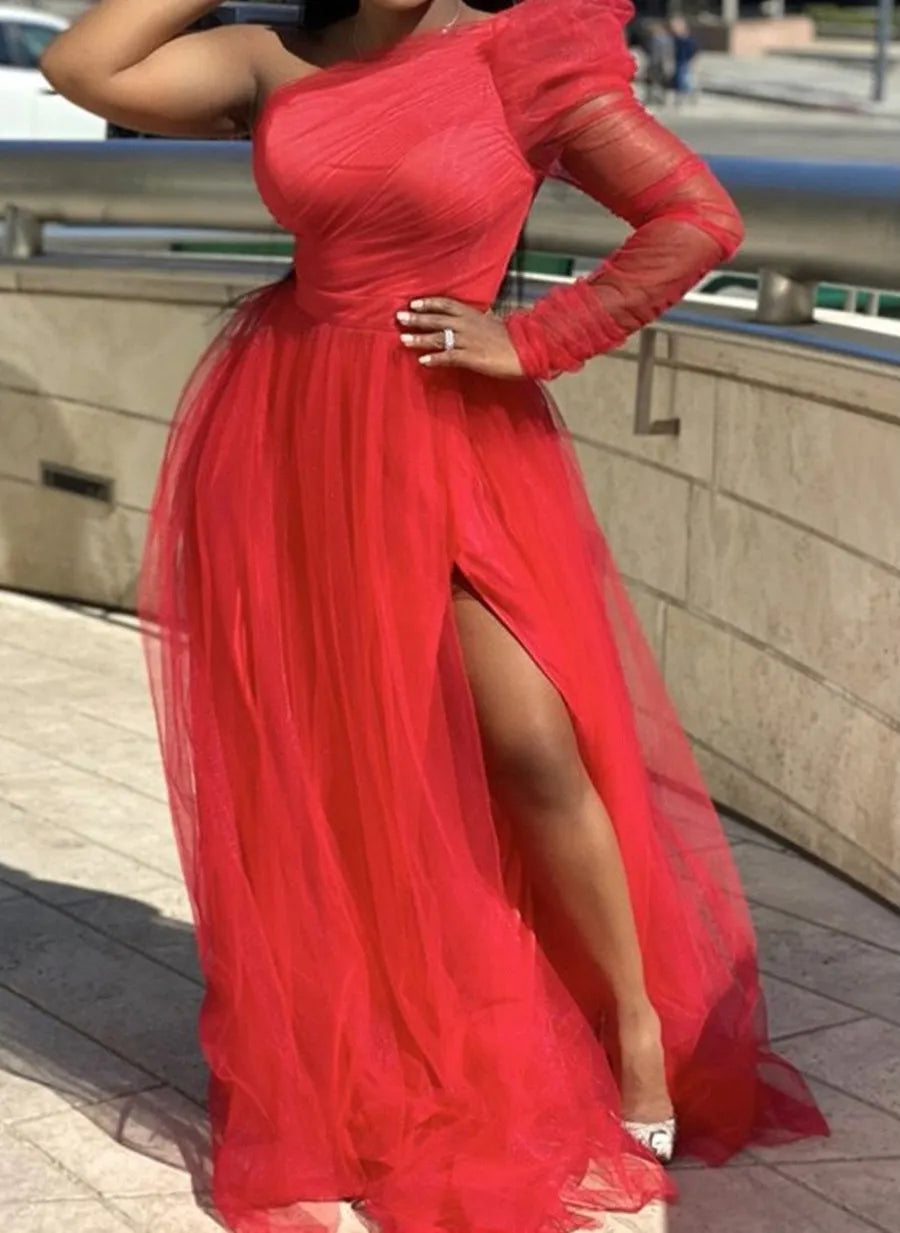 Plus Size Women Mesh Party Dresses Charming High Waist One Sleeve See-through Slit Floor-length Club Dress Birthday