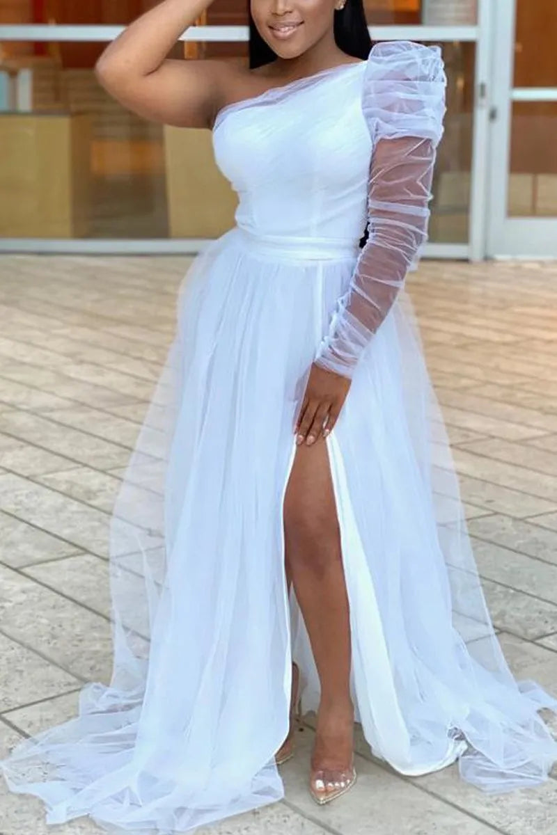 Plus Size Women Mesh Party Dresses Charming High Waist One Sleeve See-through Slit Floor-length Club Dress Birthday