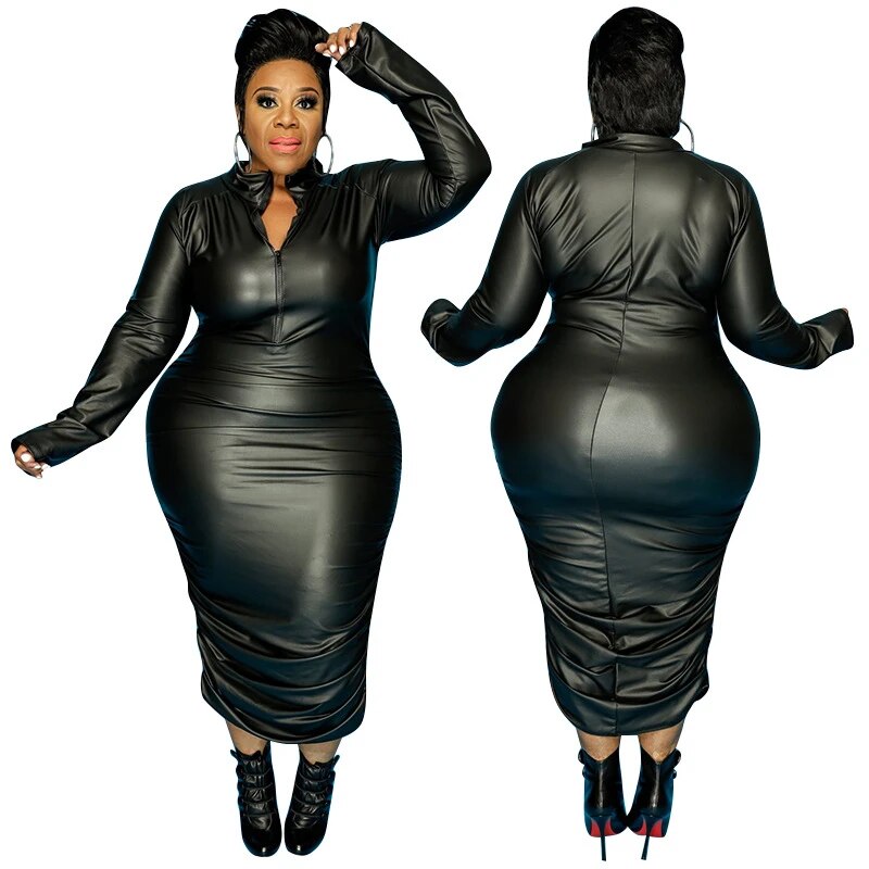 Plus Size Clothing for Women Dresses Zip Up Long Sleeve Dress PU Leather Stretch High Waist Elegant 2022 Wholesale Dropshipping