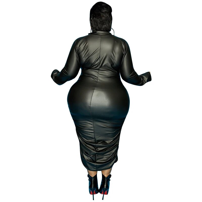 Plus Size Clothing for Women Dresses Zip Up Long Sleeve Dress PU Leather Stretch High Waist Elegant 2022 Wholesale Dropshipping